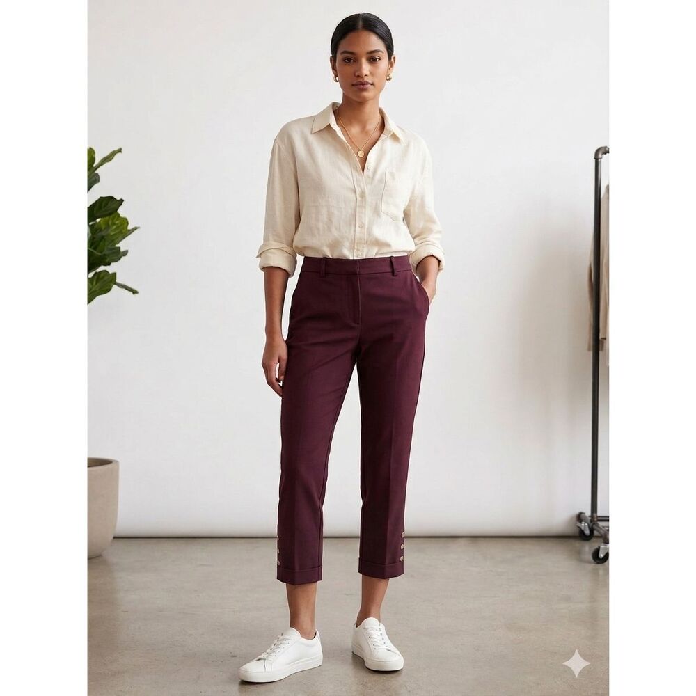Ann Taylor Petite Women's 12P Burgundy Ankle Pants Gold Button Detail Maroon
